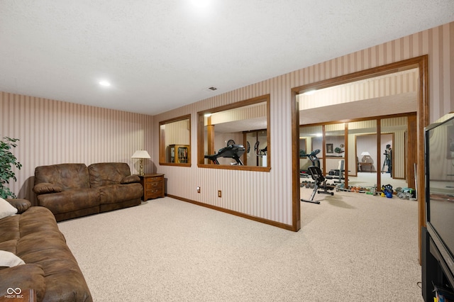 6575 Robin Hood Dr, Indianapolis, IN 46227 - living area featuring carpet flooring, wallpapered walls, baseboards, and a textured ceiling