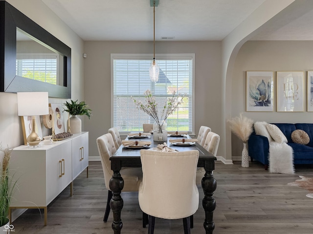 8644 N Deer Crossing Blvd, Mccordsville, IN 46055 - dining room with wood finished floors, healthy amount of natural light, baseboards, and arched walkways