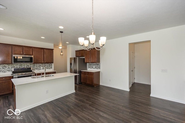 kitchen with appliances with stainless steel finishes, a sink, dark wood-style flooring, backsplash, and recessed lighting