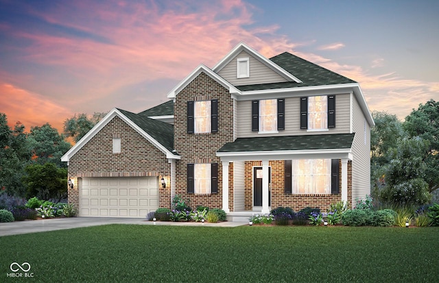 traditional-style home with a garage, a front yard, roof with shingles, brick siding, and driveway
