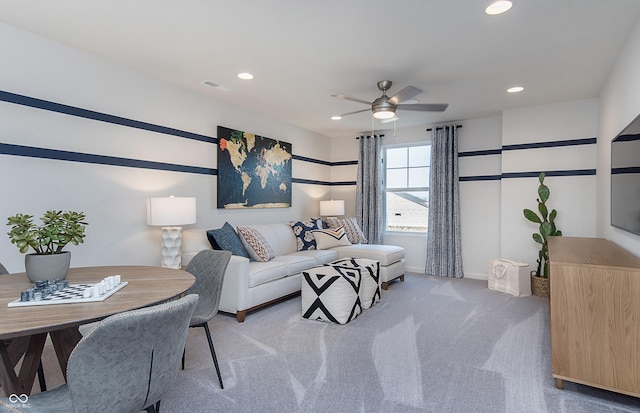 living room featuring a ceiling fan, carpet flooring, recessed lighting, and baseboards