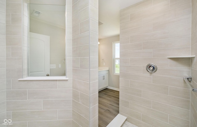 3256 Fawn Cir, Brownsburg, IN 46112 - full bathroom featuring a tile shower, vanity, and wood finished floors