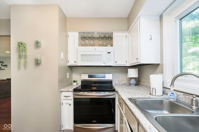 1940 Stringtown Pike, Cicero, IN 46034 - kitchen with stainless steel range with electric cooktop, white microwave, a sink, and plenty of natural light