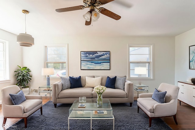 370 N Bazil Ave, Indianapolis, IN 46219 - living area with dark wood-style floors, plenty of natural light, and ceiling fan
