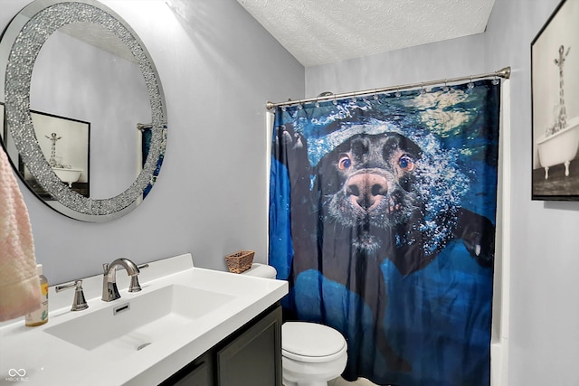 bathroom featuring a textured ceiling, toilet, a shower with shower curtain, and vanity