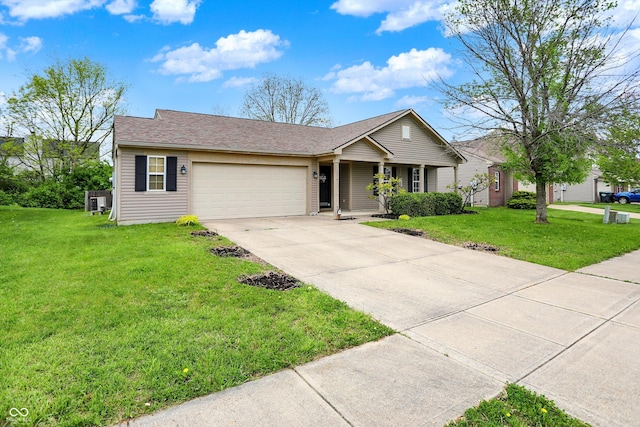 ranch-style home with an attached garage, driveway, a front yard, and a shingled roof