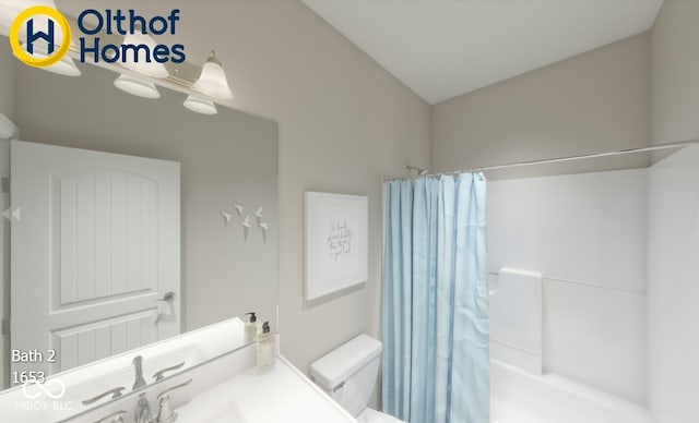 bathroom featuring toilet, vanity, and shower / bath combination with curtain