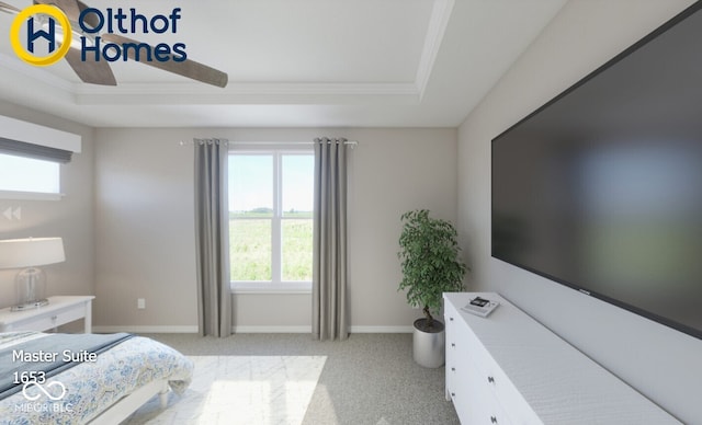carpeted bedroom with a raised ceiling, crown molding, and baseboards