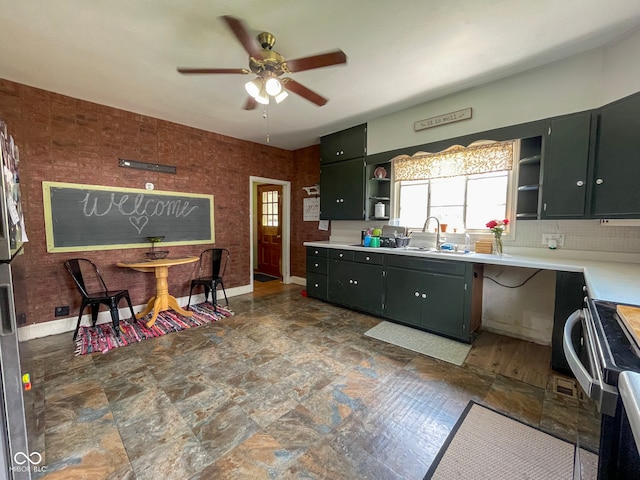 kitchen with open shelves, a ceiling fan, a sink, electric range, and light countertops