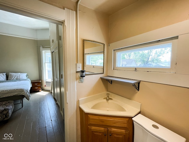 bathroom featuring plenty of natural light, hardwood / wood-style flooring, vanity, and toilet