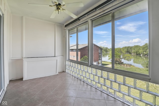 5038 Allisonville Rd Unit E, Indianapolis, IN 46205 - unfurnished sunroom featuring ceiling fan and a water view