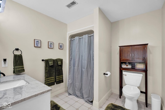 full bathroom featuring toilet, baseboards, a shower with curtain, tile patterned flooring, and vanity