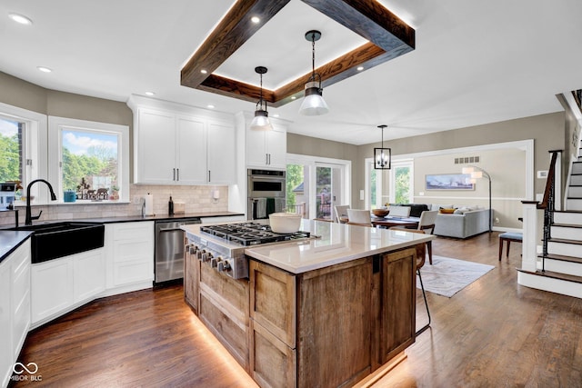 kitchen featuring stainless steel appliances, a sink, backsplash, dark wood finished floors, and recessed lighting