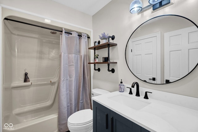 full bathroom featuring toilet, vanity, and shower / bathtub combination with curtain