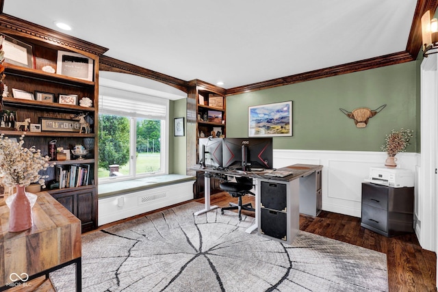office with crown molding, wainscoting, and wood finished floors