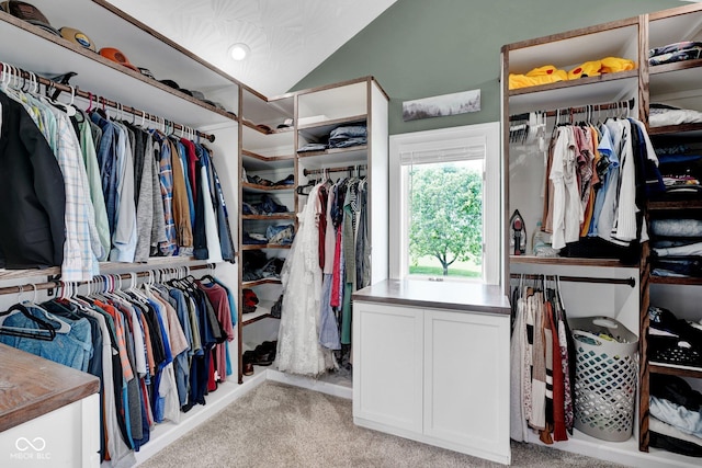 spacious closet with light carpet and lofted ceiling