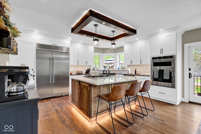 kitchen featuring appliances with stainless steel finishes, dark wood-style floors, white cabinetry, and recessed lighting