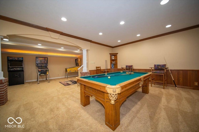 11536 Woods Bay Ln, Indianapolis, IN 46236 - game room featuring ornate columns, carpet, recessed lighting, crown molding, and billiards