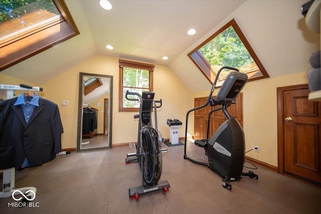11536 Woods Bay Ln, Indianapolis, IN 46236 - exercise room with baseboards, lofted ceiling, and recessed lighting