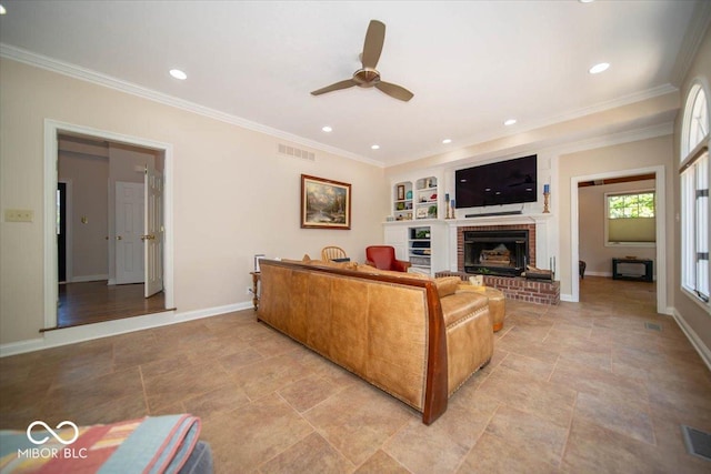 11536 Woods Bay Ln, Indianapolis, IN 46236 - living room featuring a ceiling fan, a fireplace, ornamental molding, baseboards, and recessed lighting