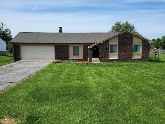 8510 E Mcgregor Rd, Indianapolis, IN 46259 - ranch-style house featuring brick siding, asphalt driveway, a front yard, an attached garage, and a chimney