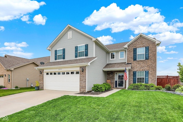traditional-style house with brick siding, an attached garage, driveway, and a shingled roof