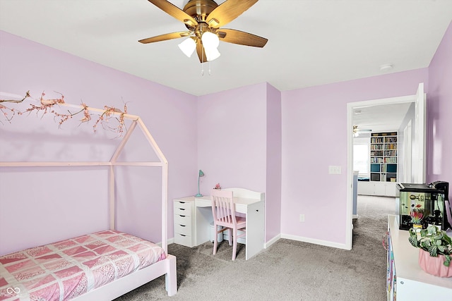 bedroom featuring carpet flooring, baseboards, and a ceiling fan
