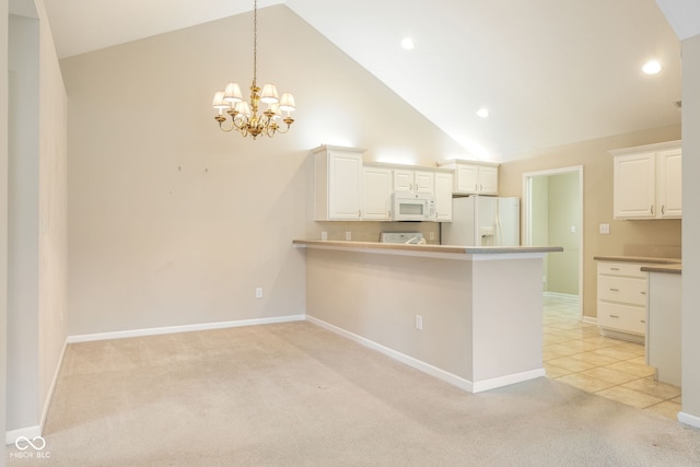 11438 Winding Wood Dr, Indianapolis, IN 46235 - kitchen with white appliances, light carpet, high vaulted ceiling, white cabinets, and a peninsula