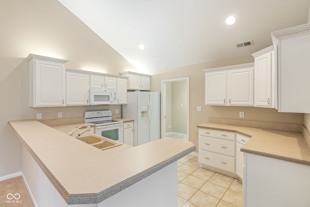 11438 Winding Wood Dr, Indianapolis, IN 46235 - kitchen featuring white appliances, a sink, a peninsula, light countertops, and white cabinetry