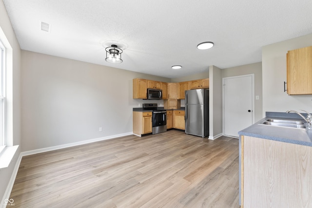 kitchen with appliances with stainless steel finishes, a sink, baseboards, light wood-type flooring, and a textured ceiling