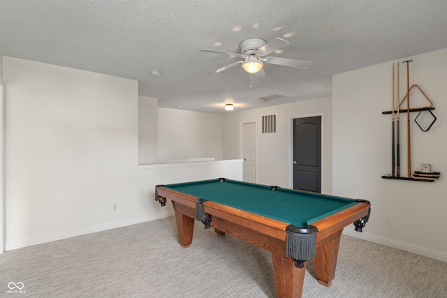 8238 Crackling Ln, Indianapolis, IN 46259 - game room with light carpet, pool table, ceiling fan, and a textured ceiling
