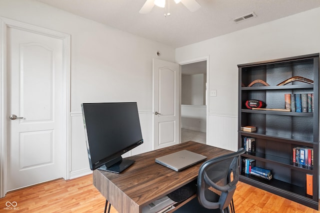8238 Crackling Ln, Indianapolis, IN 46259 - office space featuring ceiling fan, light wood-style floors, a wainscoted wall, and a decorative wall