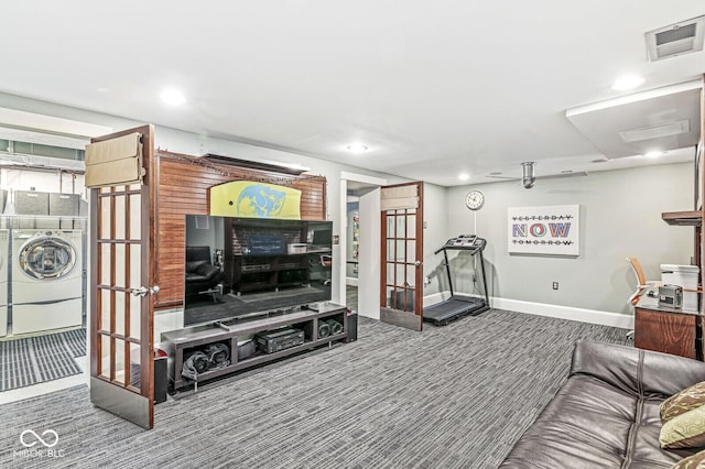 5002 Broadway St, Indianapolis, IN 46205 - carpeted living room with washer and clothes dryer, recessed lighting, and baseboards