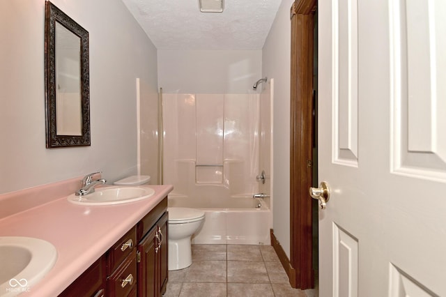 6567 Kings Ct, Avon, IN 46123 - bathroom featuring a textured ceiling, double vanity, tile patterned floors, and washtub / shower combination