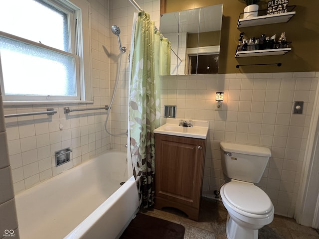 1122 S 21st St, New Castle, IN 47362 - full bathroom featuring tile walls, toilet, shower / tub combo with curtain, vanity, and tile patterned floors
