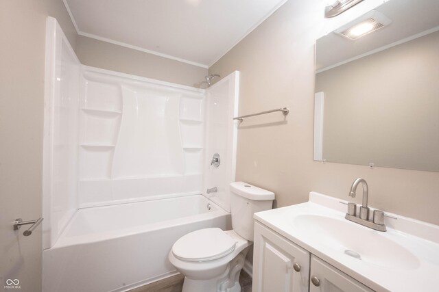 2740 Pawnee Dr, Indianapolis, IN 46229 - bathroom with toilet, vanity, bathing tub / shower combination, and ornamental molding
