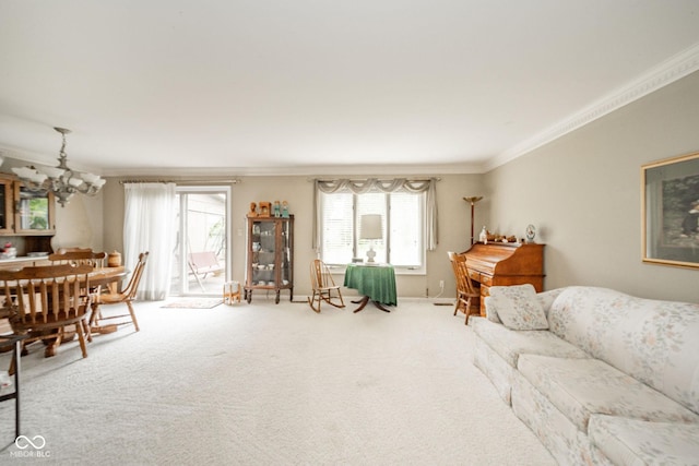 3537 Woodglen Way, Anderson, IN 46011 - carpeted living area with crown molding and a chandelier