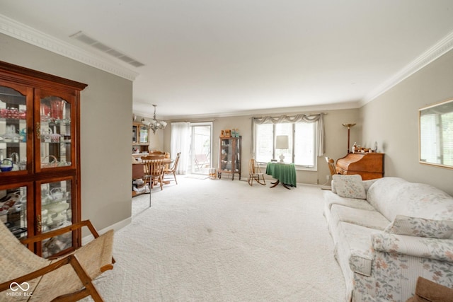 3537 Woodglen Way, Anderson, IN 46011 - carpeted living area featuring ornamental molding, a chandelier, and baseboards