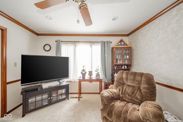 3537 Woodglen Way, Anderson, IN 46011 - living area with ceiling fan, ornamental molding, and carpet