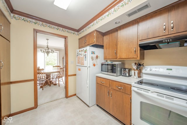 3537 Woodglen Way, Anderson, IN 46011 - kitchen with white appliances, under cabinet range hood, light countertops, light floors, and a chandelier