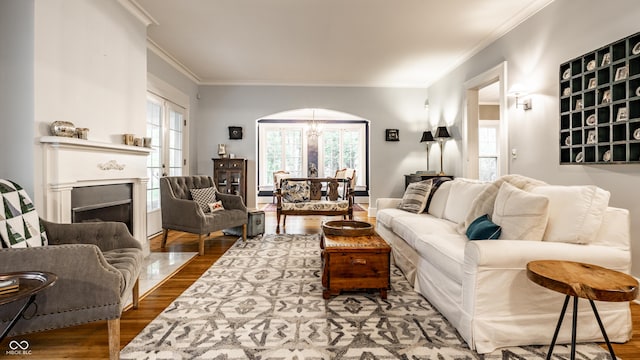4130 N Meridian St, Indianapolis, IN 46208 - living room featuring dark wood-style flooring, crown molding, a chandelier, arched walkways, and a fireplace