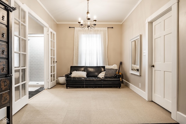 4130 N Meridian St, Indianapolis, IN 46208 - sitting room with carpet flooring, french doors, a chandelier, ornamental molding, and baseboards