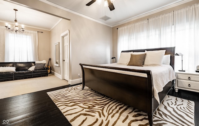 4130 N Meridian St, Indianapolis, IN 46208 - bedroom featuring a chandelier, crown molding, baseboards, hardwood / wood-style floors, and a ceiling fan