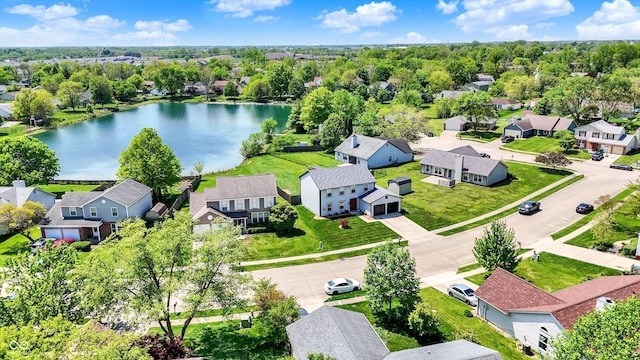 aerial perspective of suburban area with a nearby body of water