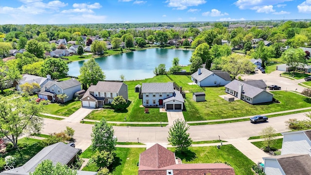 aerial perspective of suburban area with a large body of water