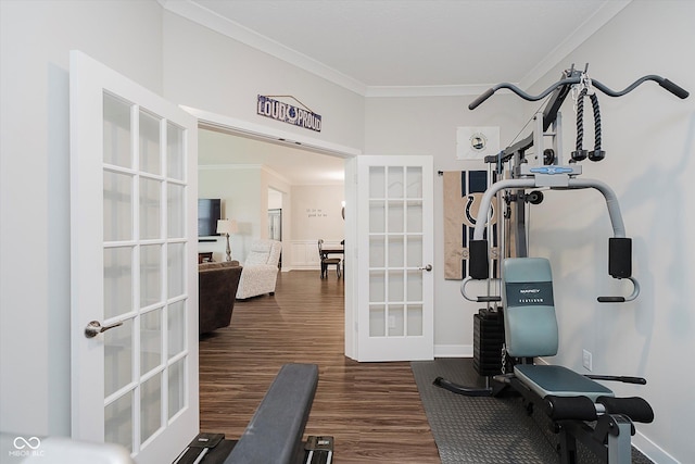 5020 Eldon Dr, Noblesville, IN 46062 - exercise room with french doors, ornamental molding, wood finished floors, and baseboards