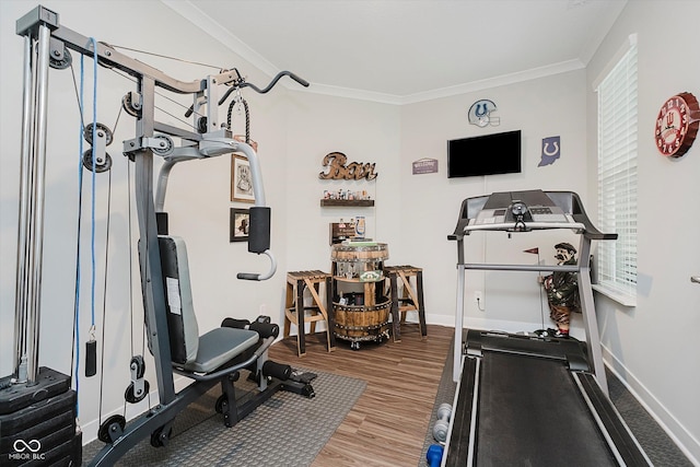 5020 Eldon Dr, Noblesville, IN 46062 - workout area with wood finished floors, baseboards, and crown molding