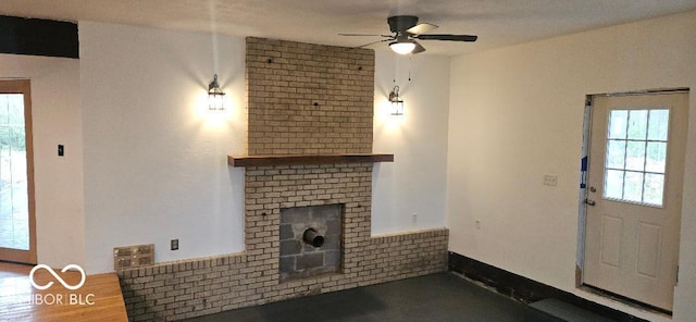 3854 Three Mile Rd, Centerville, IN 47330 - unfurnished living room with a ceiling fan and a fireplace