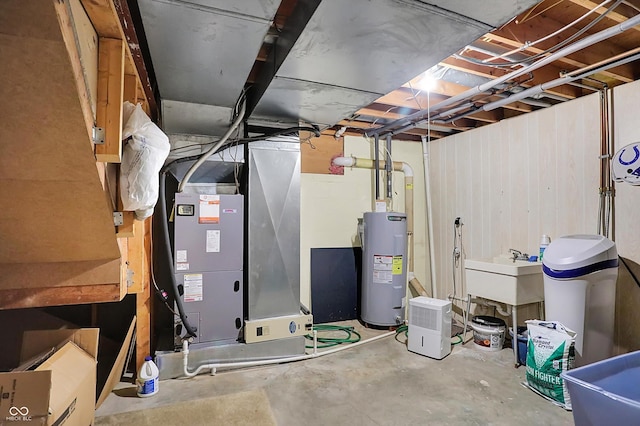 781 Dayton Dr, Carmel, IN 46033 - utility room featuring electric water heater, a sink, and heating unit