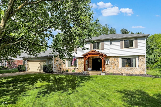781 Dayton Dr, Carmel, IN 46033 - view of front facade featuring stone siding, a front yard, an attached garage, and driveway